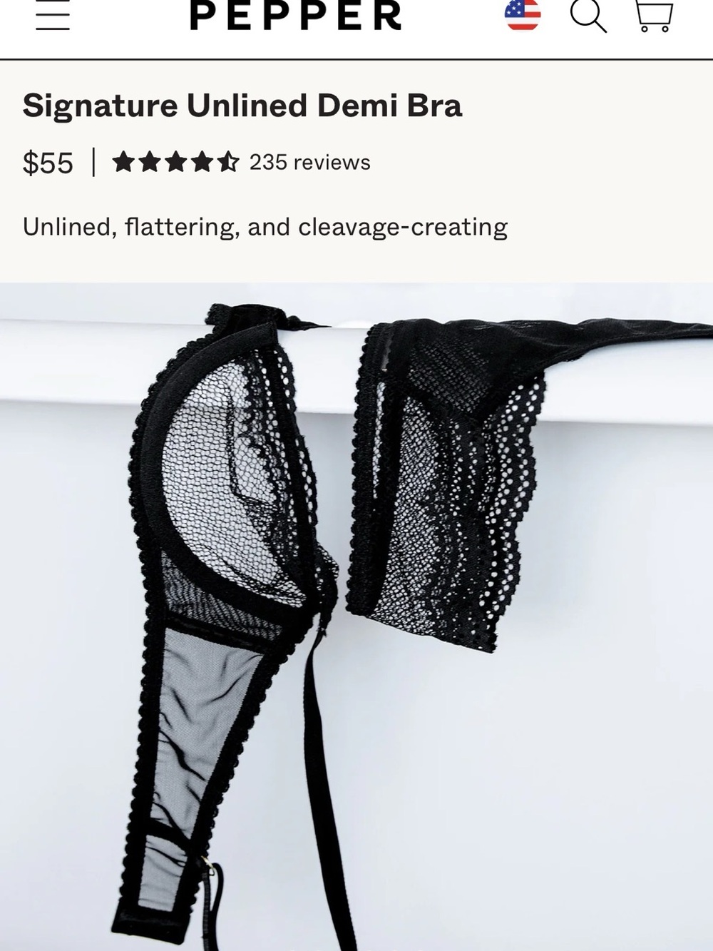NWOT PEPPER Signature Unlined Demi cup Black Lace Underwire Bra with pink Straps